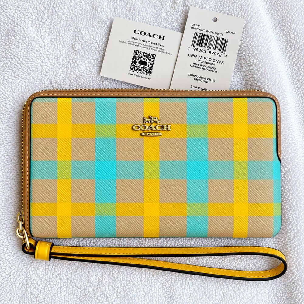 Coach Corner Zip Wristlet Plaid Bright Maize Multi Yellow Blue Tan NWT